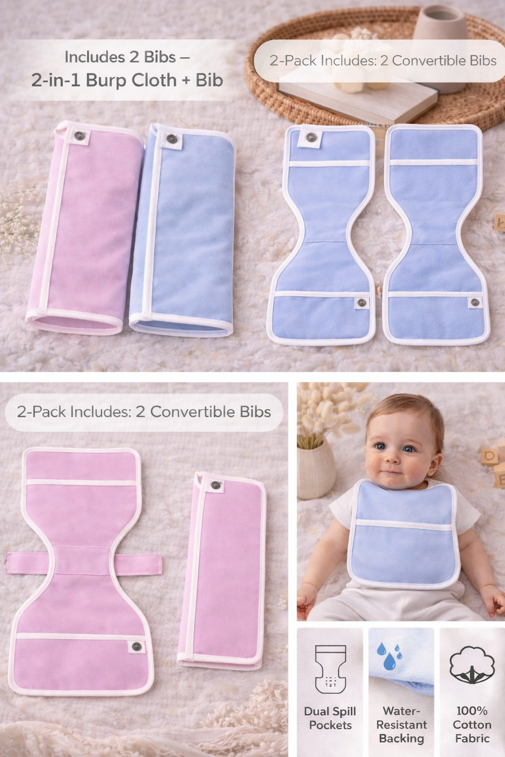 BabyTotBibs™ 2-in-1 Burp Cloth & Baby Bib (2-Pack)